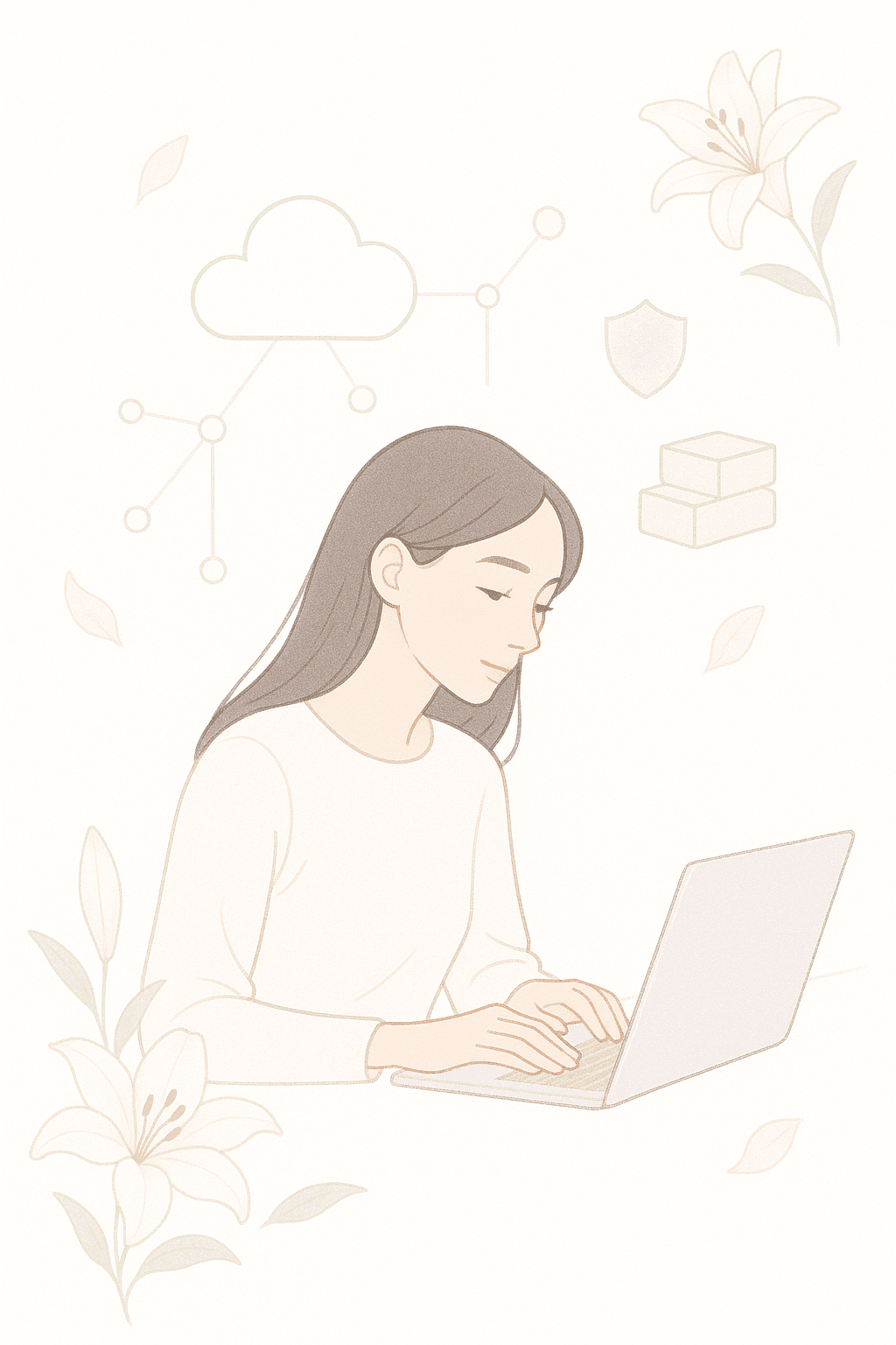 Illustration of Nitika Rai working on cloud and network infrastructure, surrounded by soft botanical elements